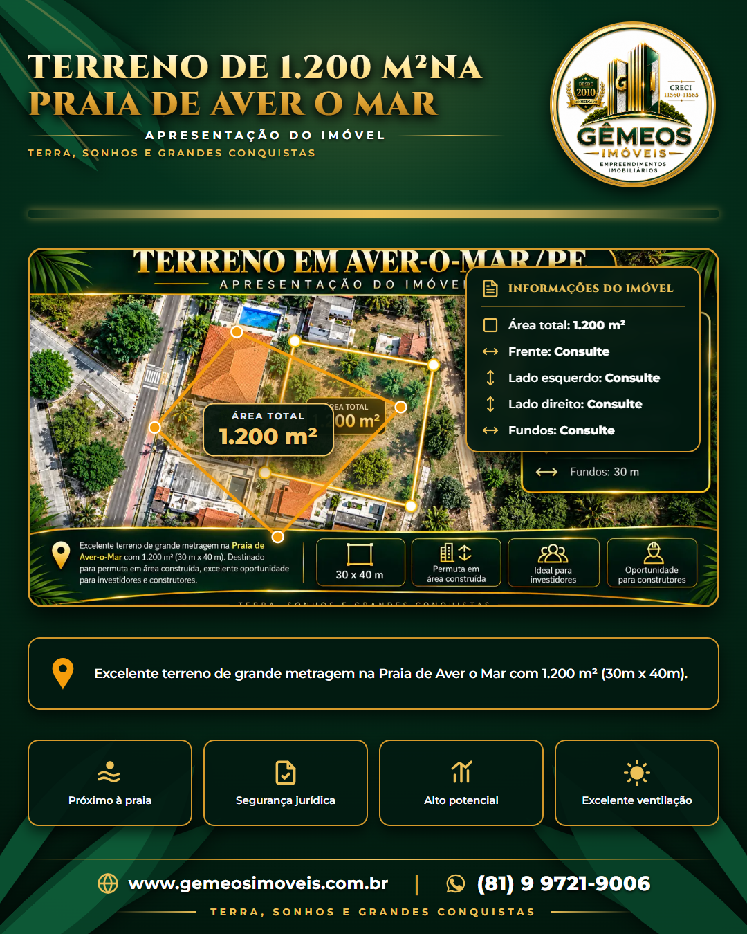 Terreno de 1.200 m² (30m x 40m) na Praia de Aver o Mar — foto 1